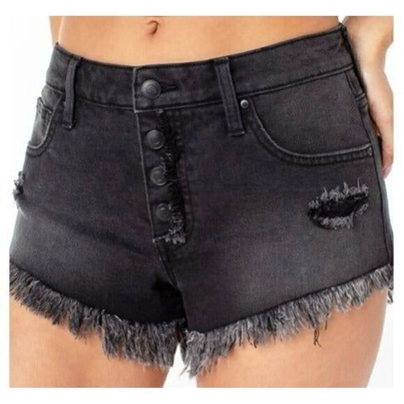 Celebrity Pink Black Exposed Button Cutoff Shorts Distressed Frayed Size 21/35 - Picture 1 of 11